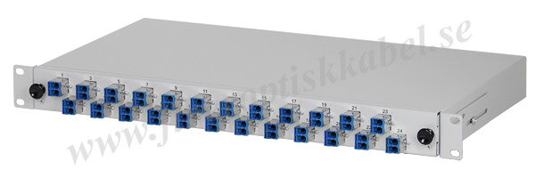 Fiberoptisk 19-tums patchpanel med 24 E2000 compact single mode  kopplingar.